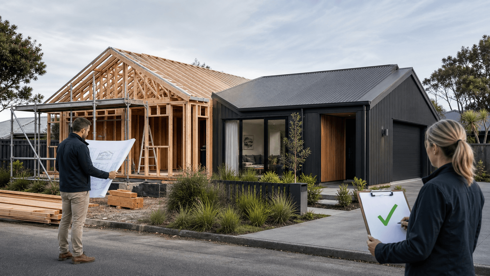A New Zealand home shown during construction and after completion to explain building consents and building certificates