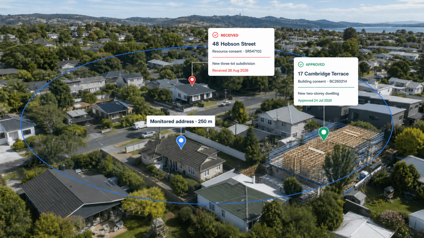 An elevated view of a New Zealand neighbourhood where Consenty can monitor nearby building and resource consents